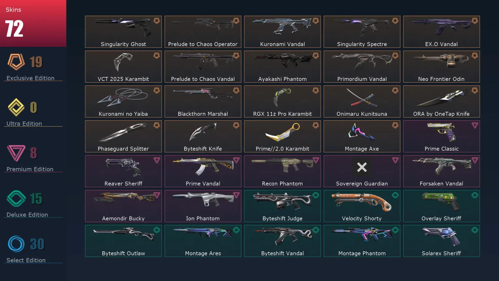 [Valorant] | EU | Level 500 | Platinum 2 | 29 Agents | 72 Skins