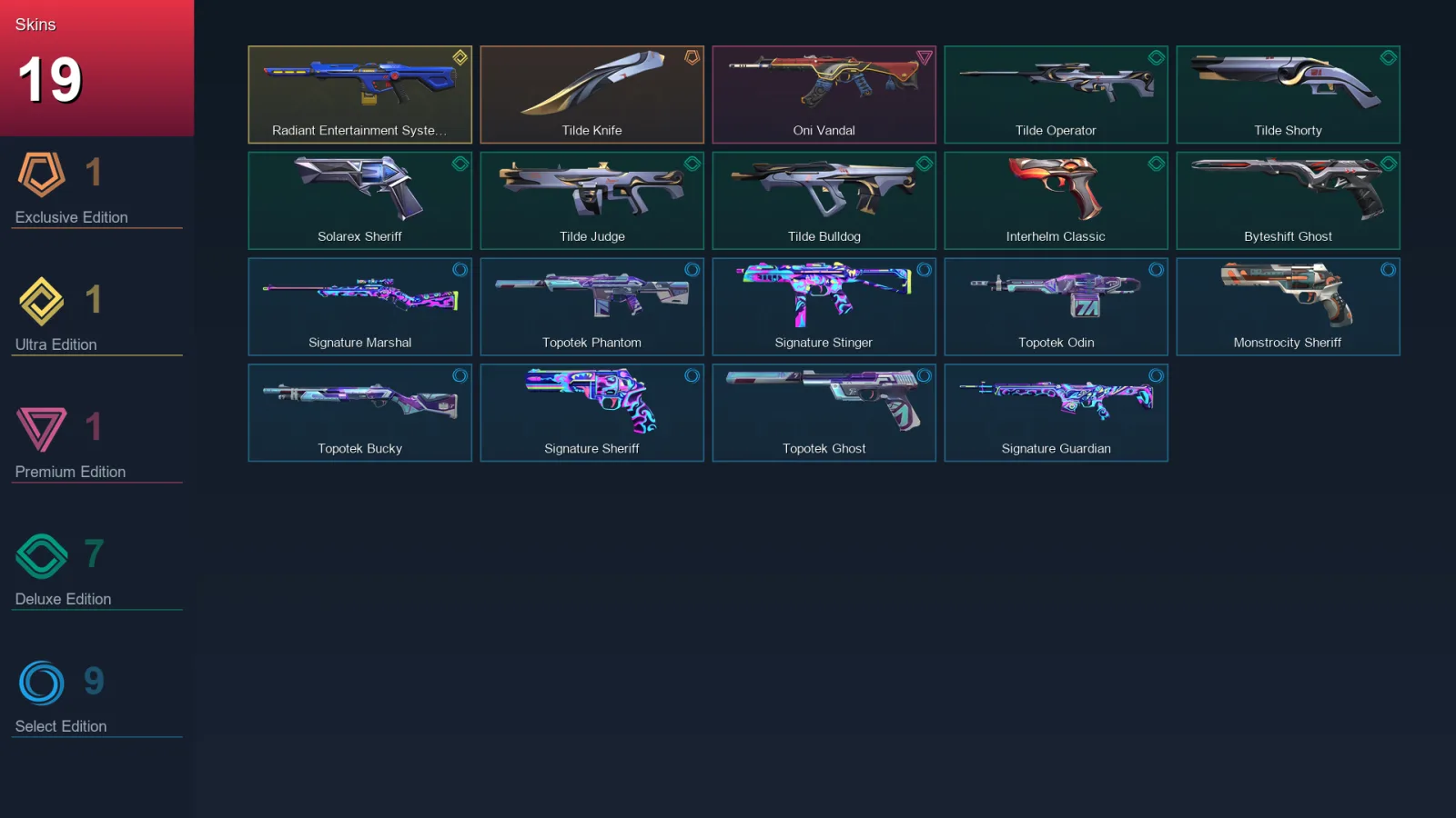 AP | Tilde Knife | Radiant Entertainment System Phantom | Oni Vandal | Tilde Operator | 19 Skin | 29 Agent | 54 Buddy | Lv135