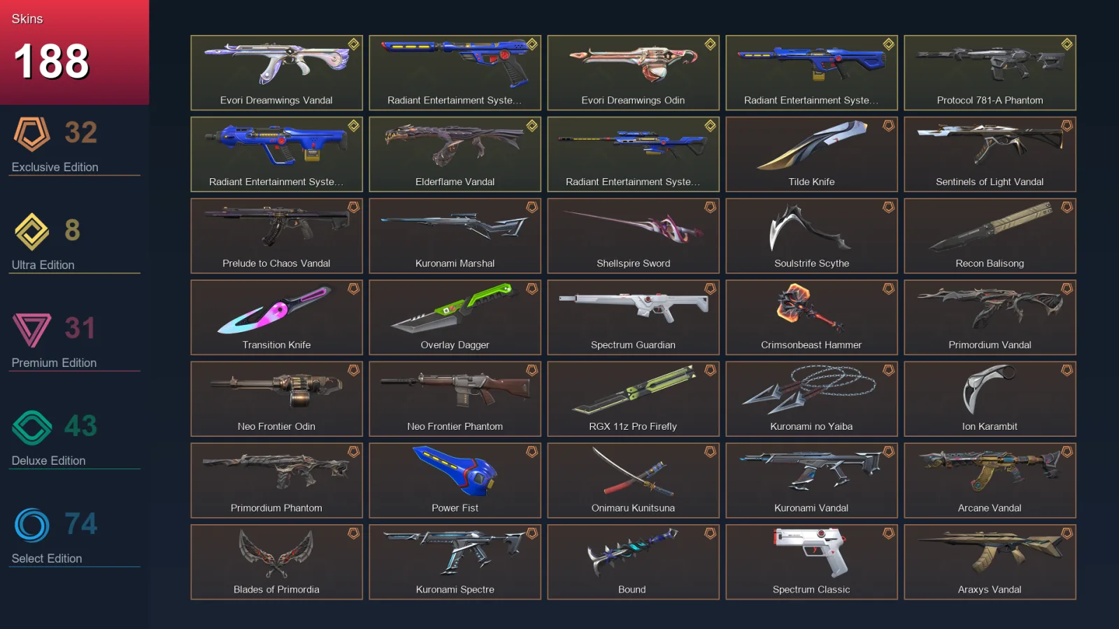 AP | Lv325 | Unranked | 188 Skin | 29 Agent | 154 Buddy