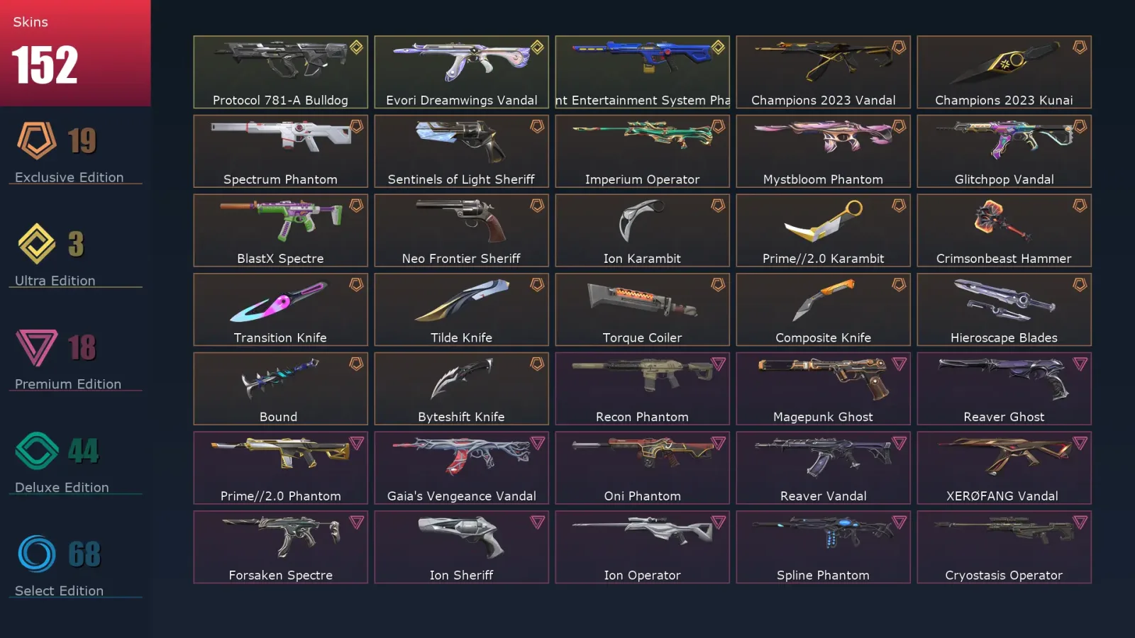 [Valorant] | EU | Level 406 | 29 Agents | 152 Skins