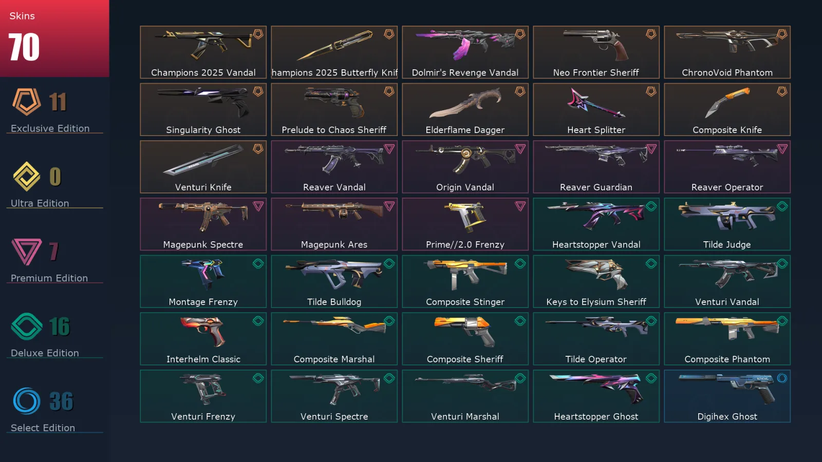 [Valorant] | EU | Level 207 | 29 Agents | 70 Skins