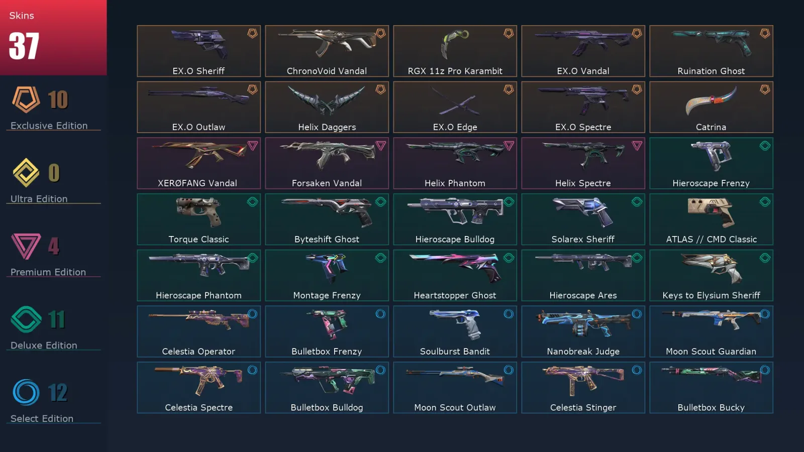 [Valorant] | EU | Level 180 | 29 Agents | 37 Skins