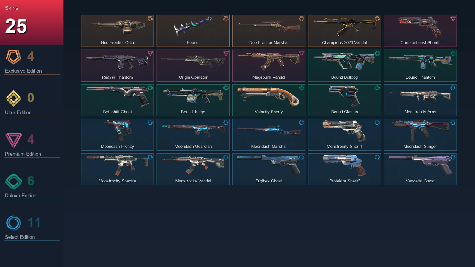 AP | Neo Frontier Odin | Bound | Neo Frontier Marshal | Champions 2023 Vandal | 25 Skin | 28 Agent | 74 Buddy | Lv153