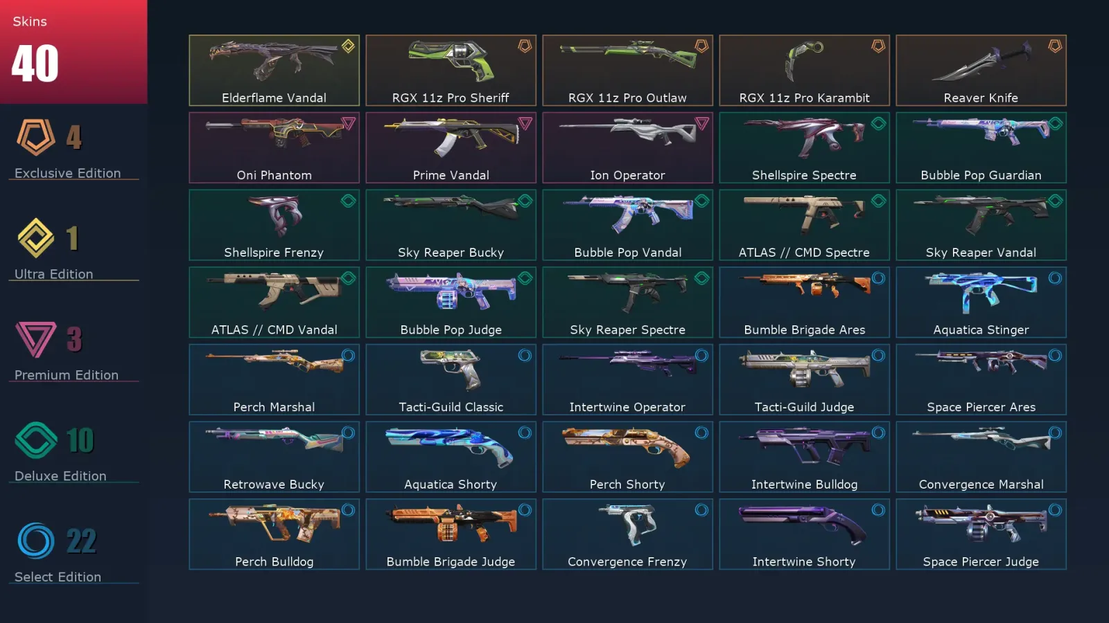 [Valorant] | EU | Level 42 | Gold 2 | 15 Agents | 40 Skins