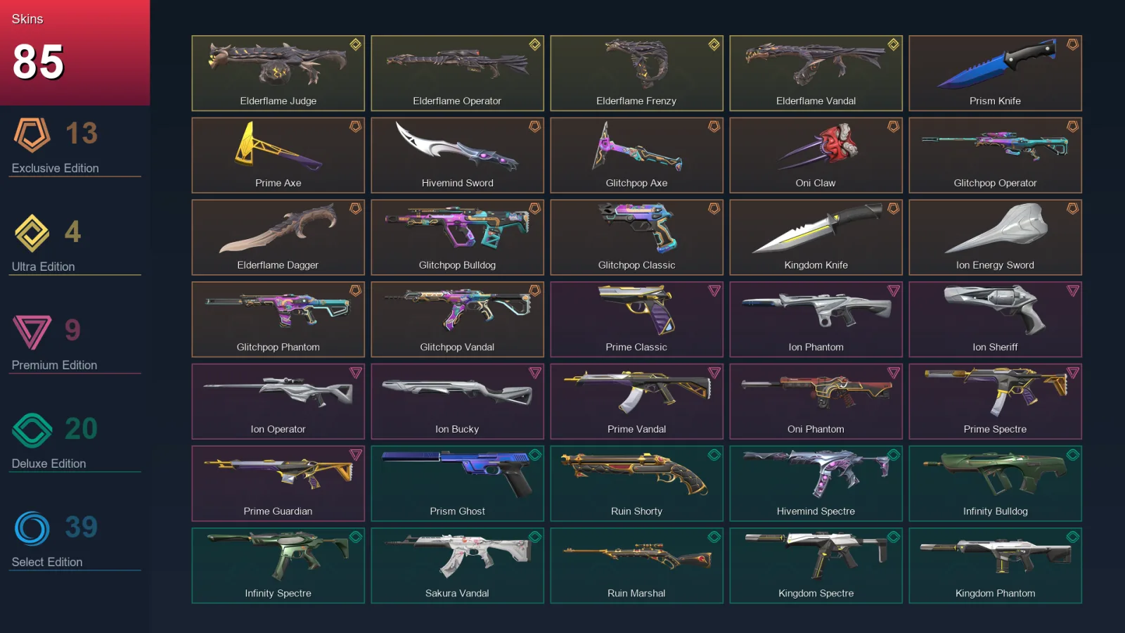 NA | Prism Knife | Prime Axe | Hivemind Sword | Glitchpop Axe | 85 Skin | 18 Agent | 68 Buddy | Lv70