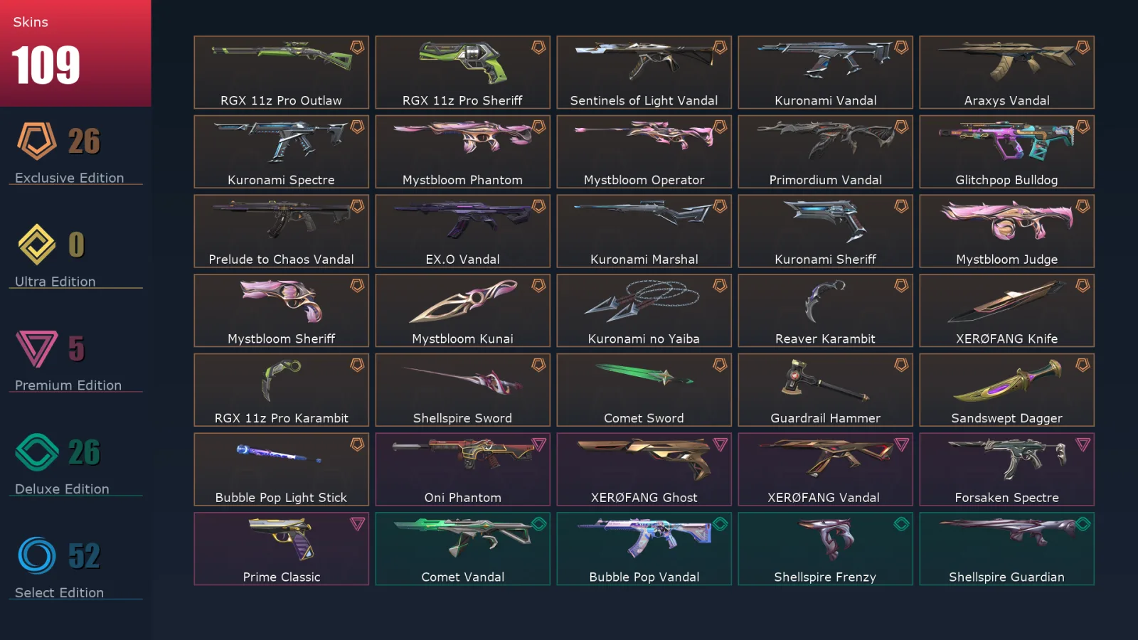 [Valorant] | EU | Level 142 | 26 Agents | 109 Skins