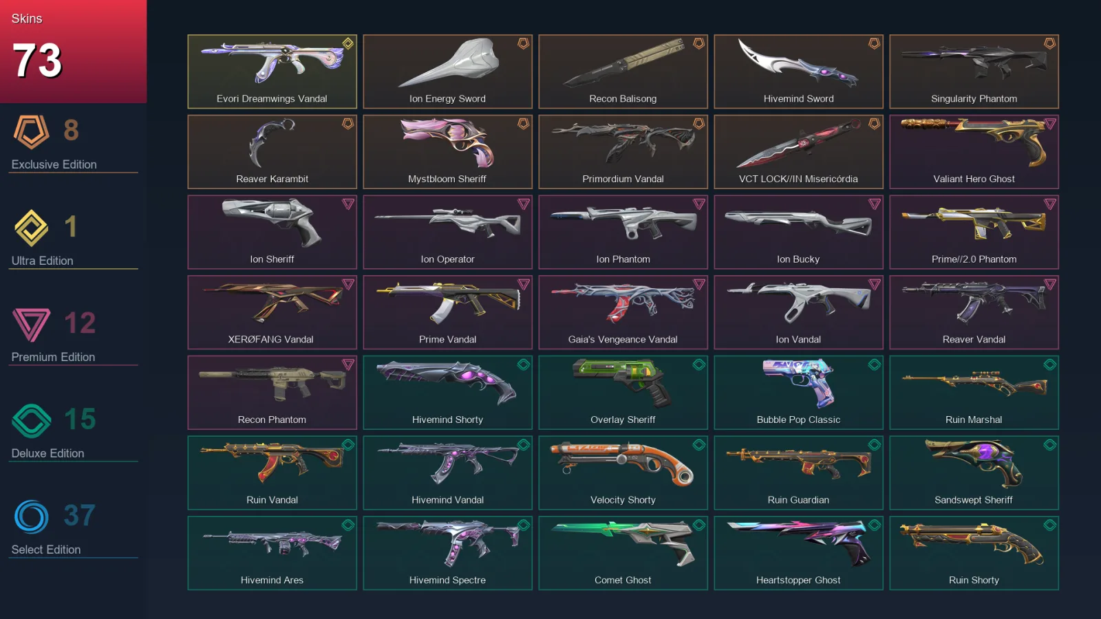 AP | Lv477 | Unranked | 73 Skin | 29 Agent | 160 Buddy