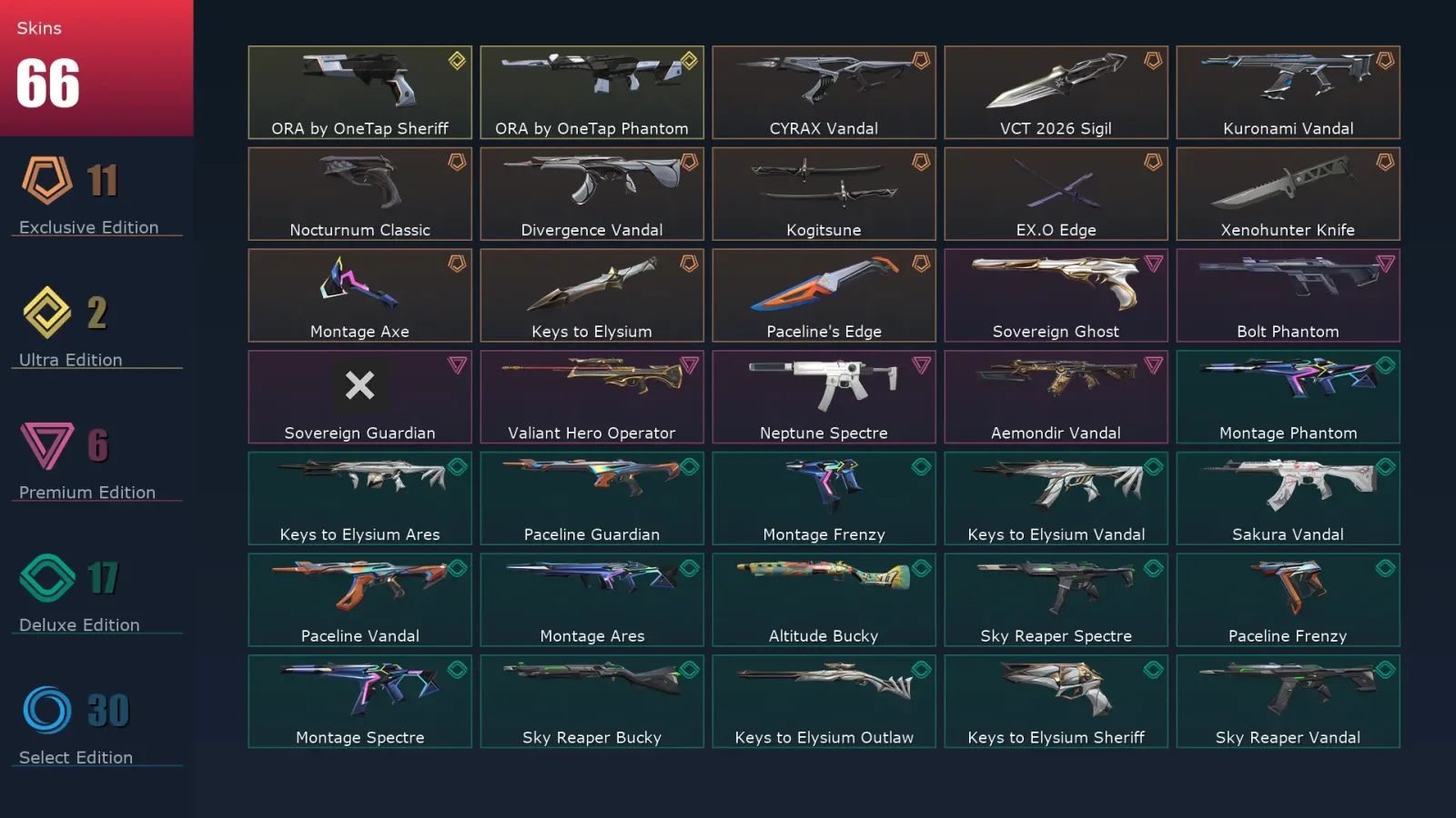 [Valorant] | EU | Level 52 | Platinum 2 | 16 Agents | 66 Skins