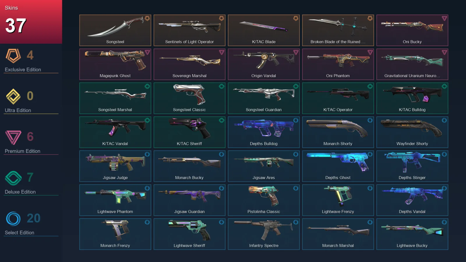 EU | Songsteel | Sentinels of Light Operator | K/TAC Blade | Broken Blade of the Ruined King | 37 Skin | 18 Agent | 45 Buddy | Lv65