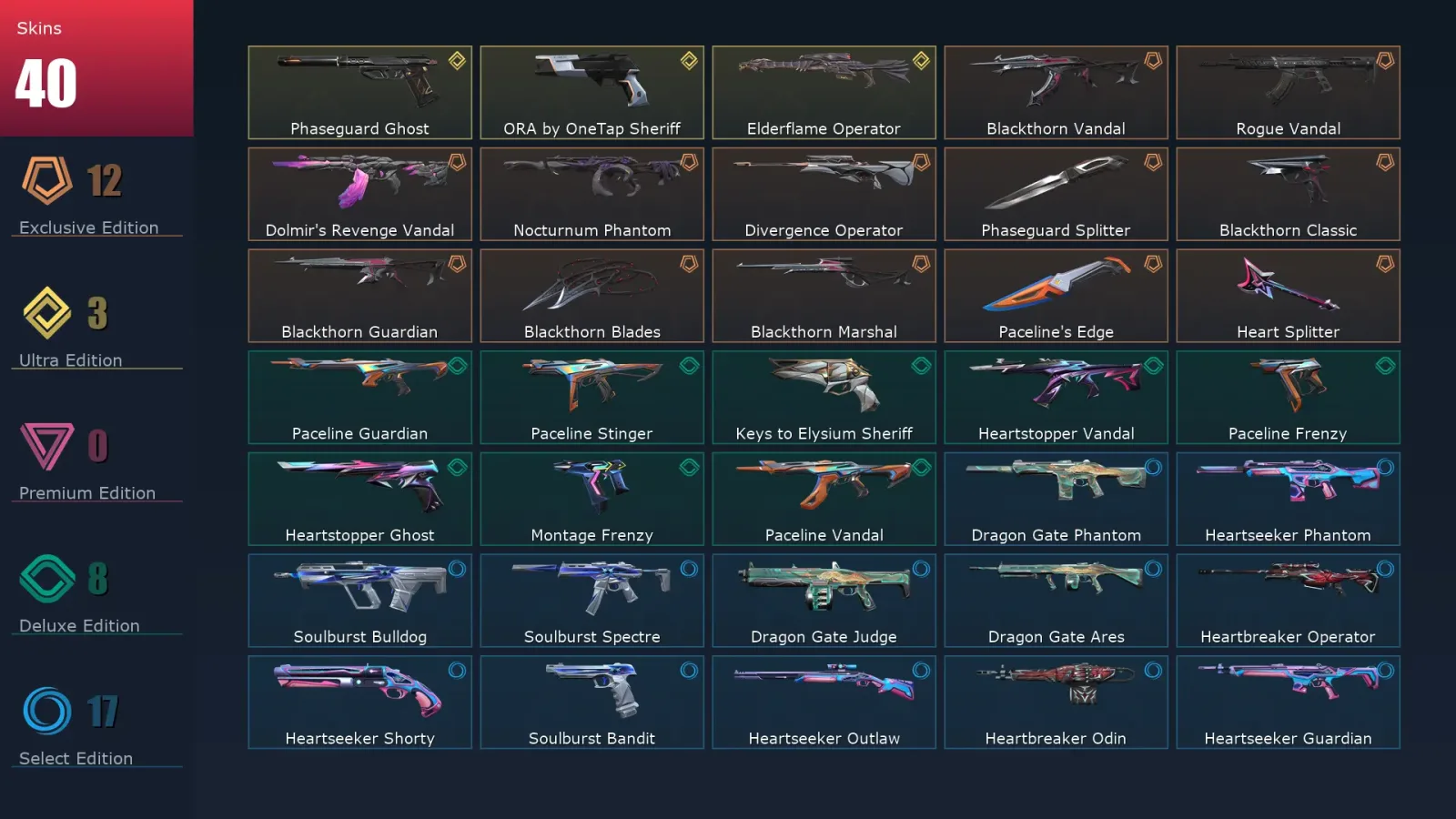 [Valorant] | EU | Level 132 | Platinum 1 | 29 Agents | 40 Skins