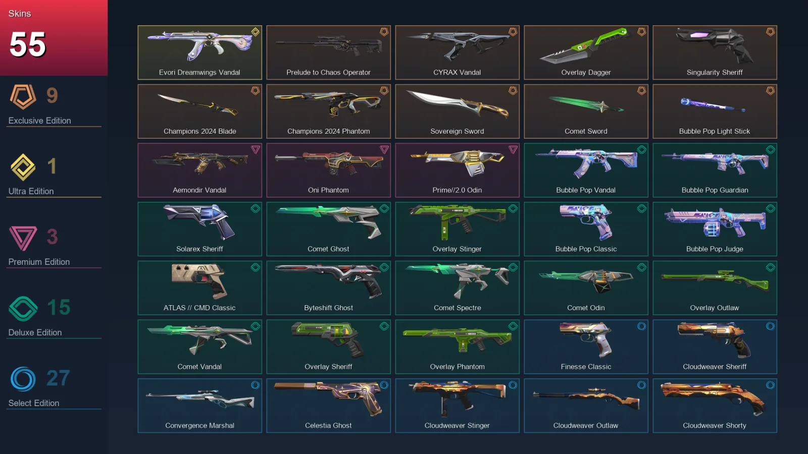 AP | Lv183 | Unranked | 55 Skin | 29 Agent | 76 Buddy