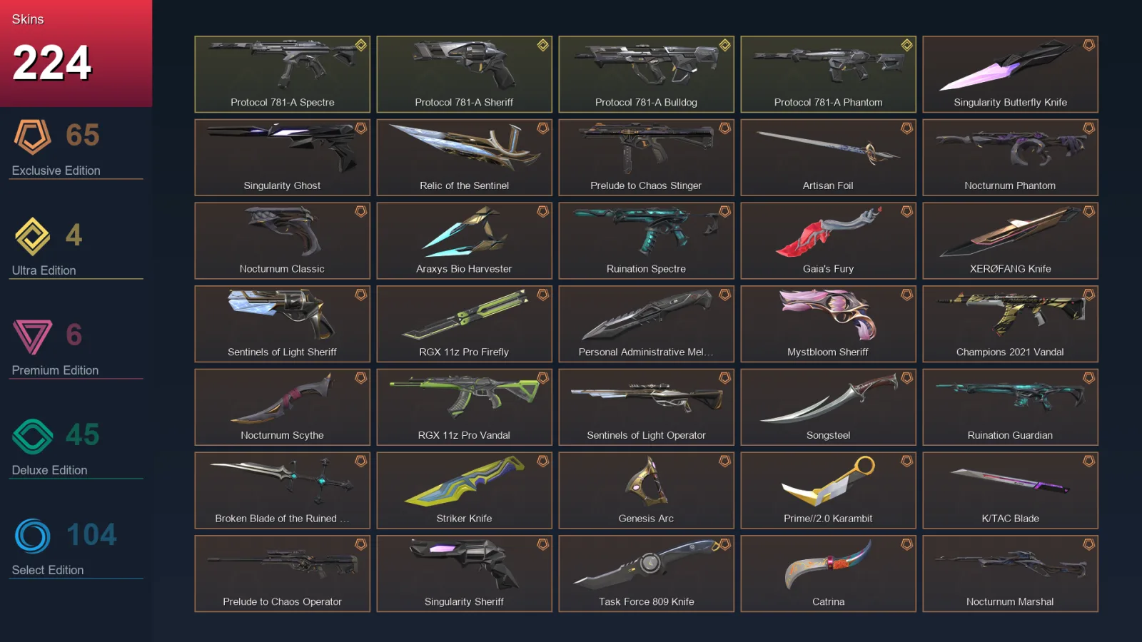 EU | Singularity Butterfly Knife | Singularity Ghost | Relic of the Sentinel | Prelude to Chaos Stinger | 224 Skin | 26 Agent | 166 Buddy | Lv239