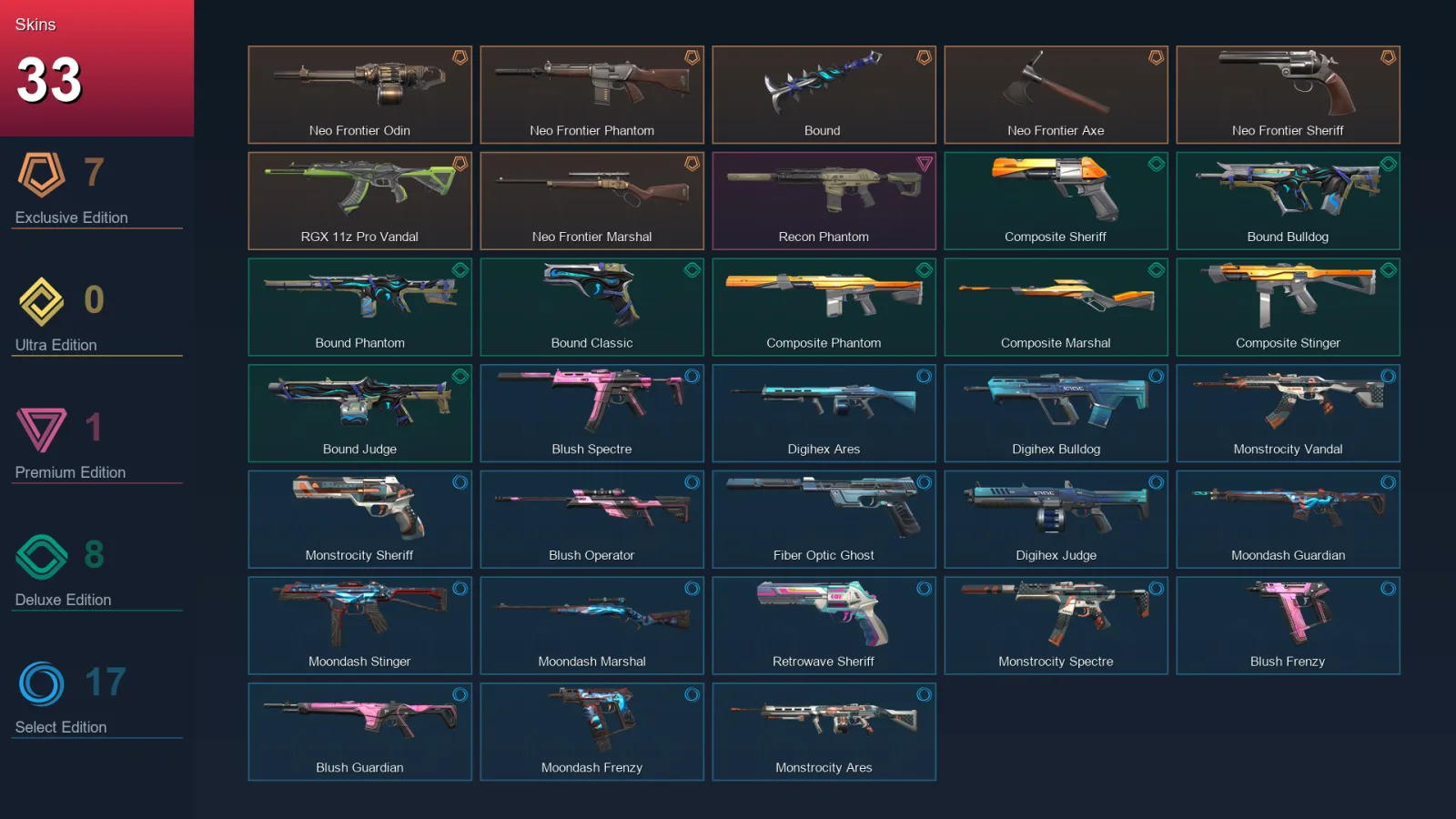 AP | Lv104 | Unranked | 33 Skin | 28 Agent | 51 Buddy