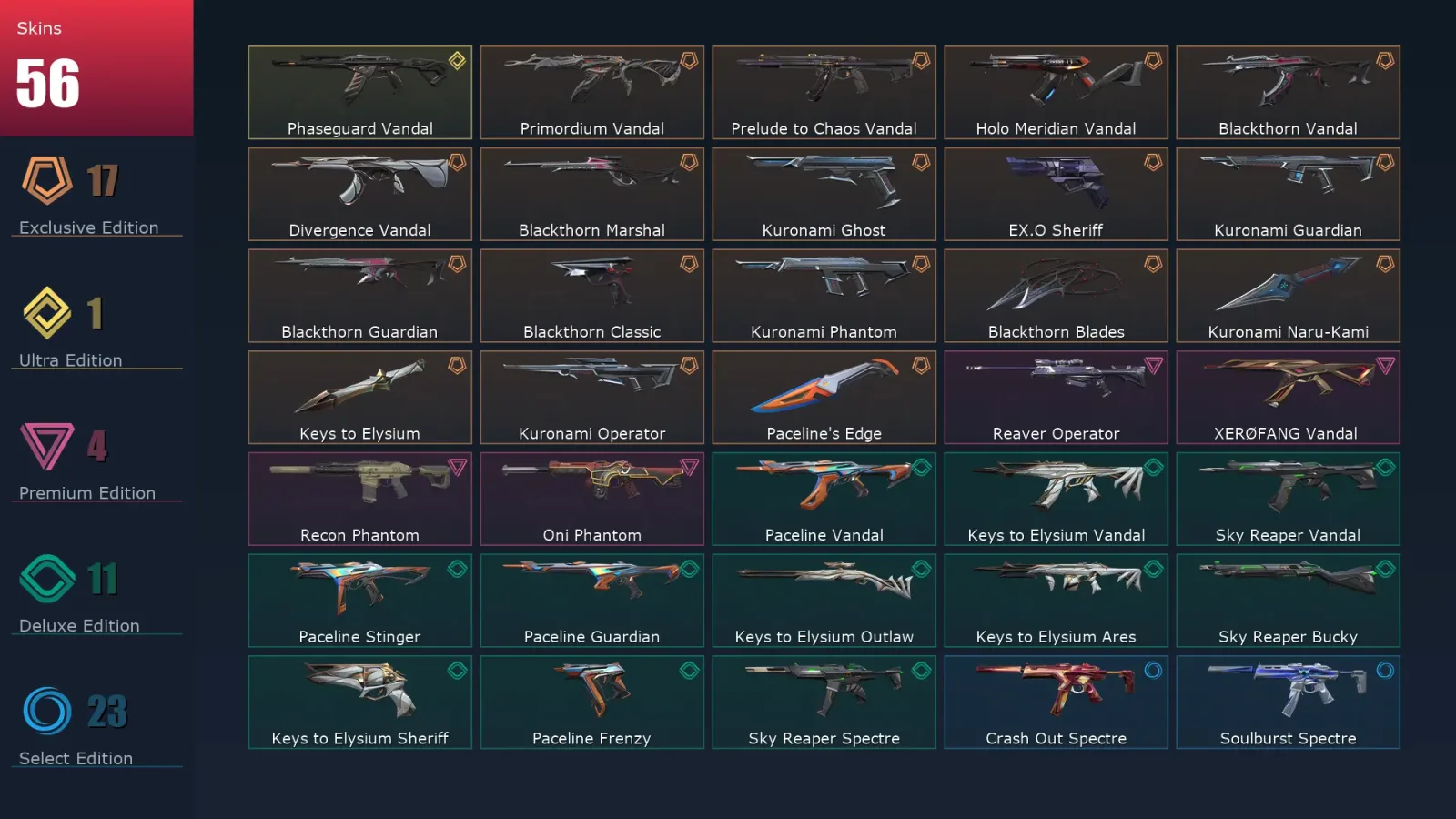 [Valorant] | EU | Level 68 | Platinum 3 | 21 Agents | 56 Skins