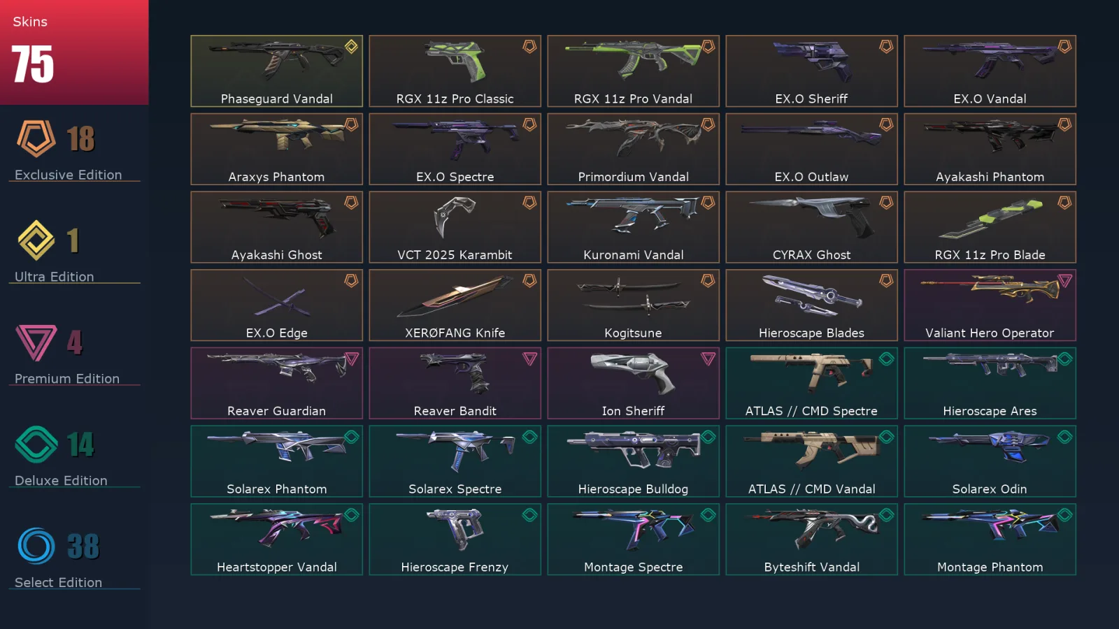 [Valorant] | EU | Level 56 | 22 Agents | 75 Skins