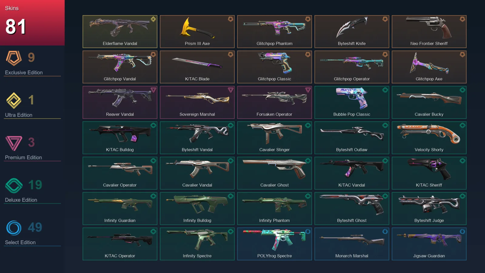 LA | Prism III Axe | Glitchpop Phantom | Byteshift Knife | Neo Frontier Sheriff | 81 Skin | 29 Agent | 157 Buddy | Lv320