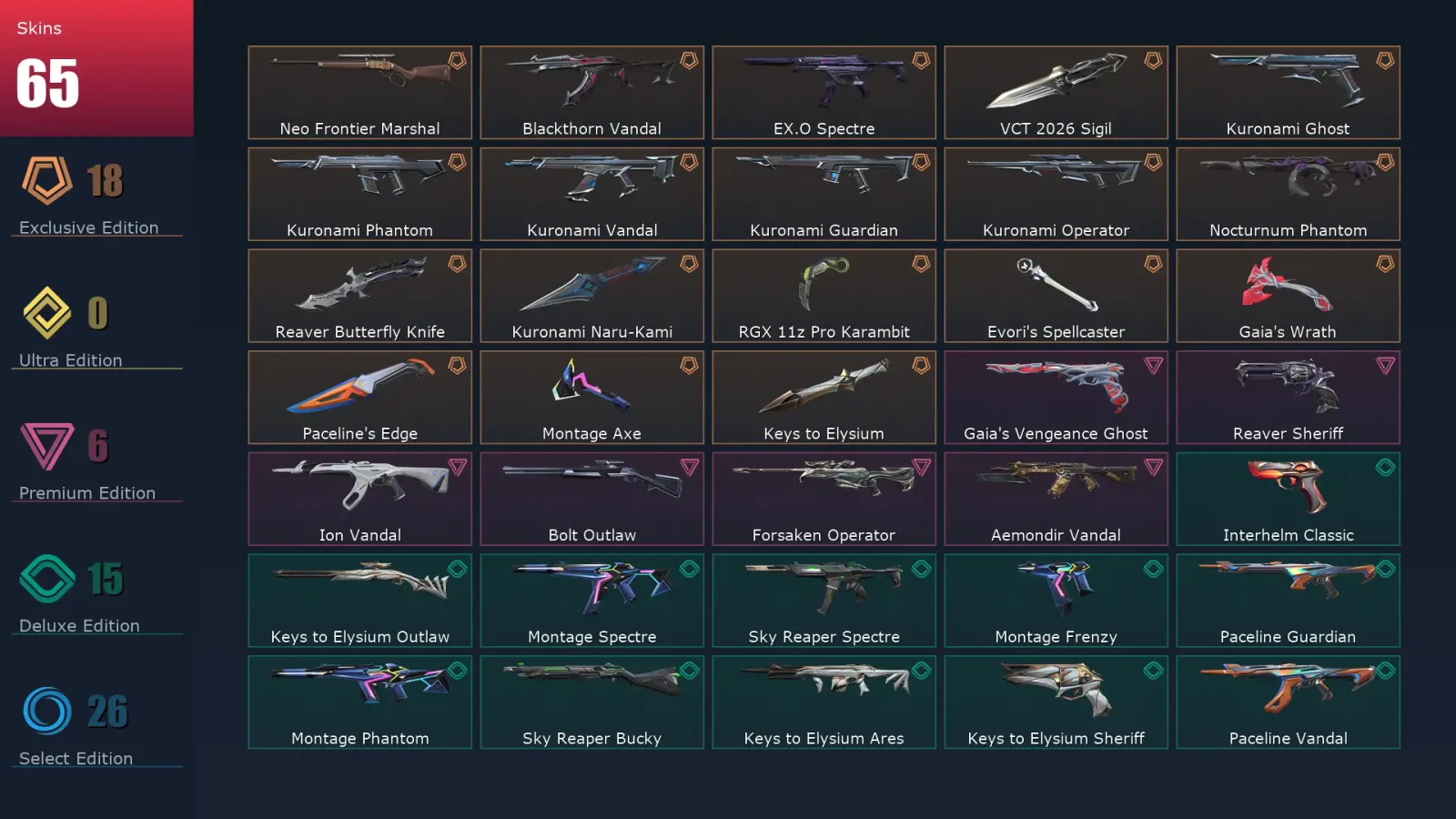 [Valorant] | EU | Level 101 | 16 Agents | 65 Skins