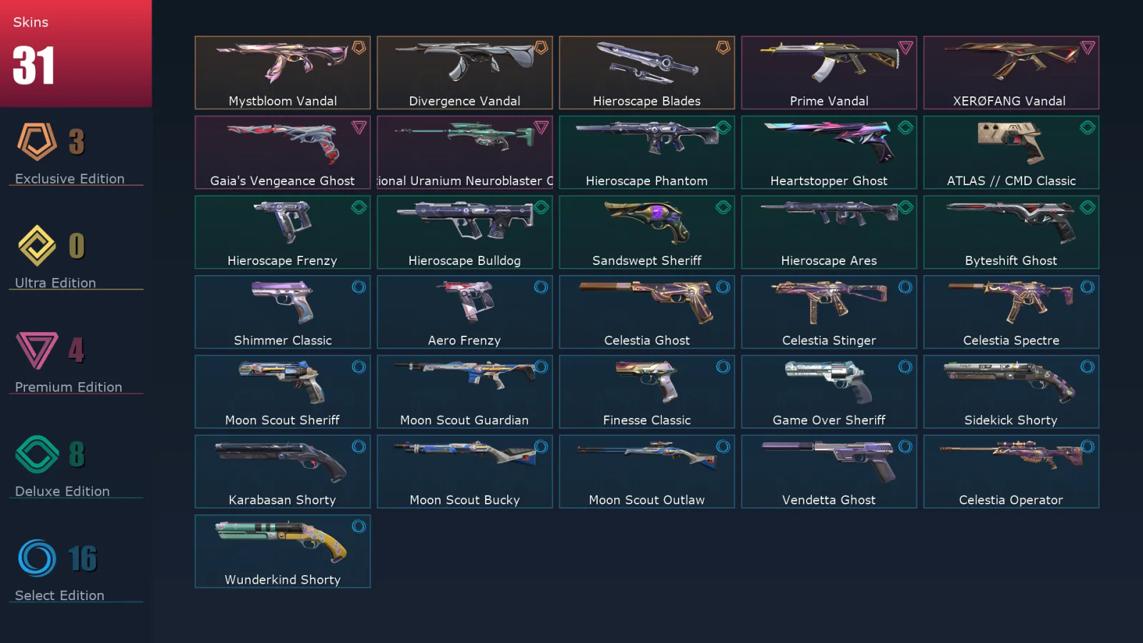 [Valorant] | EU | Level 225 | 28 Agents | 31 Skins