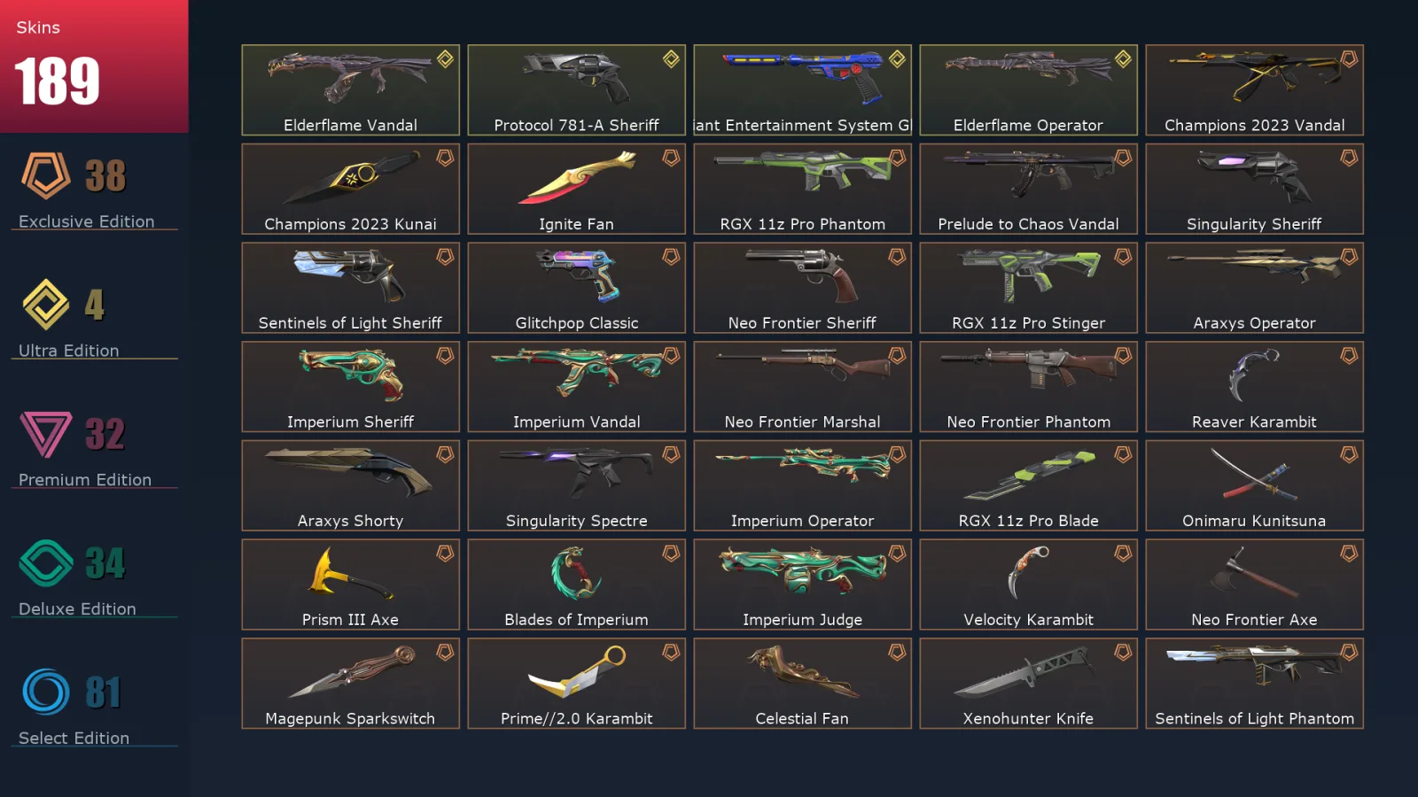 [Valorant] | EU | Level 216 | 25 Agents | 189 Skins