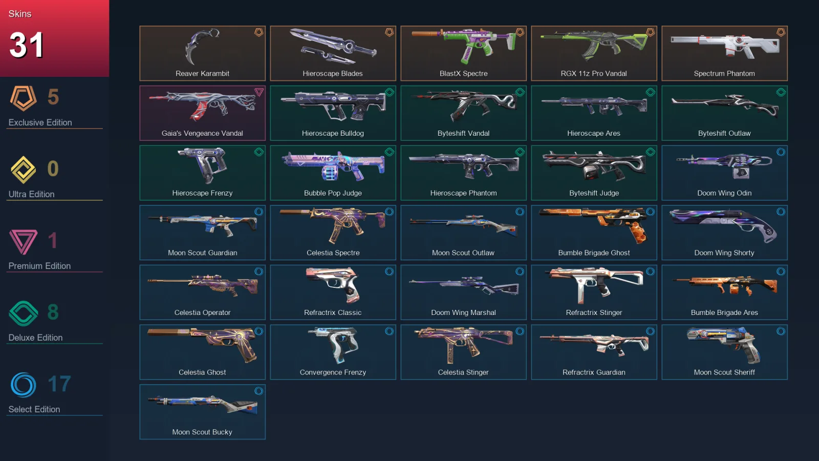 AP | Lv36 | Unranked | 31 Skin | 12 Agent | 25 Buddy