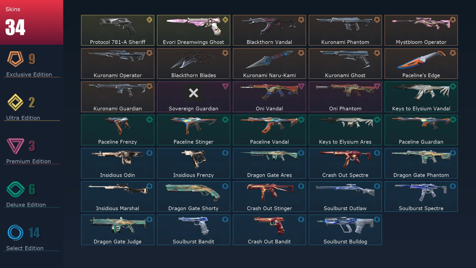 [Valorant] | EU | Level 47 | Diamond 1 | 17 Agents | 34 Skins