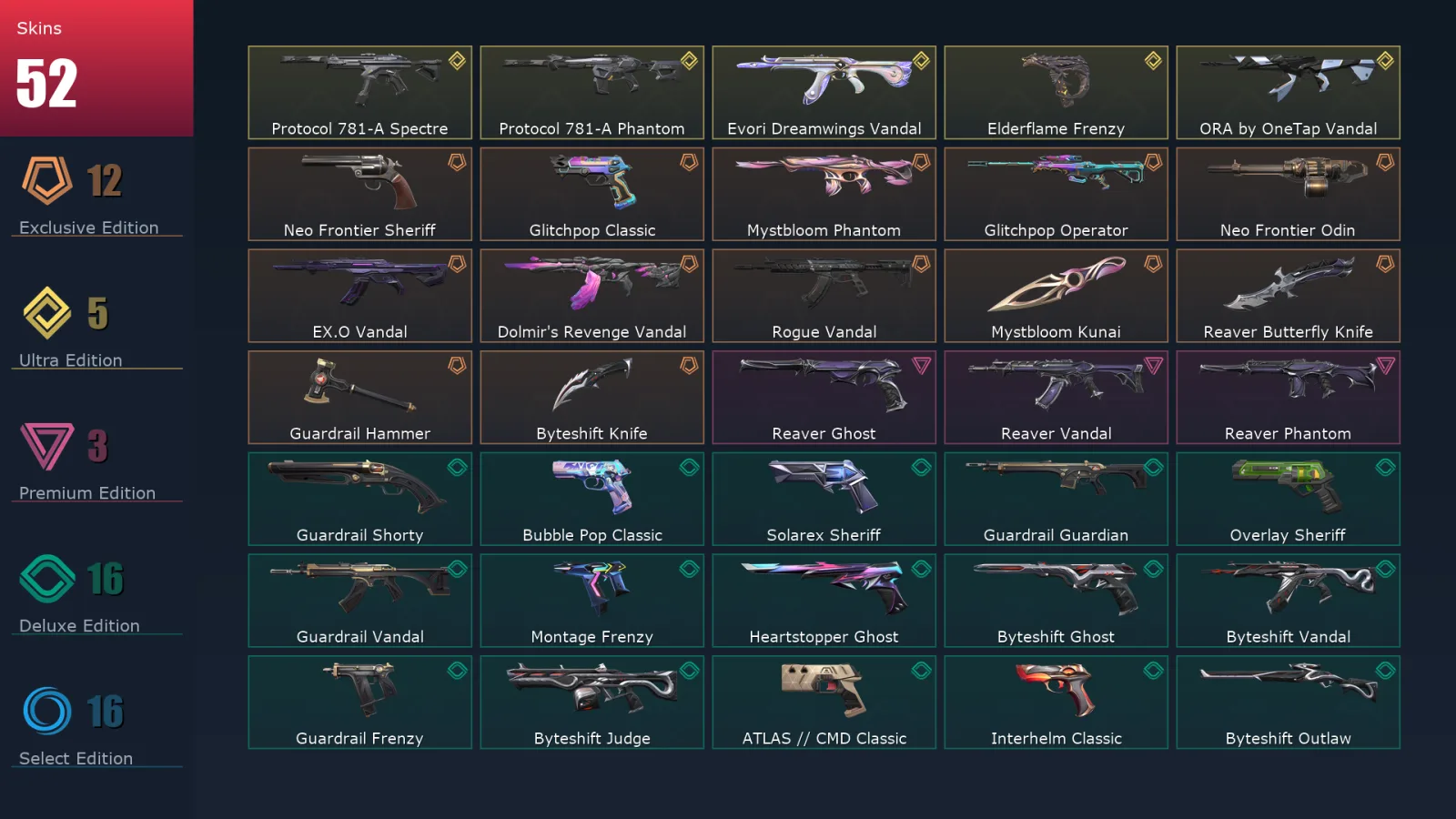 [Valorant] | EU | Level 242 | Gold 2 | 29 Agents | 52 Skins