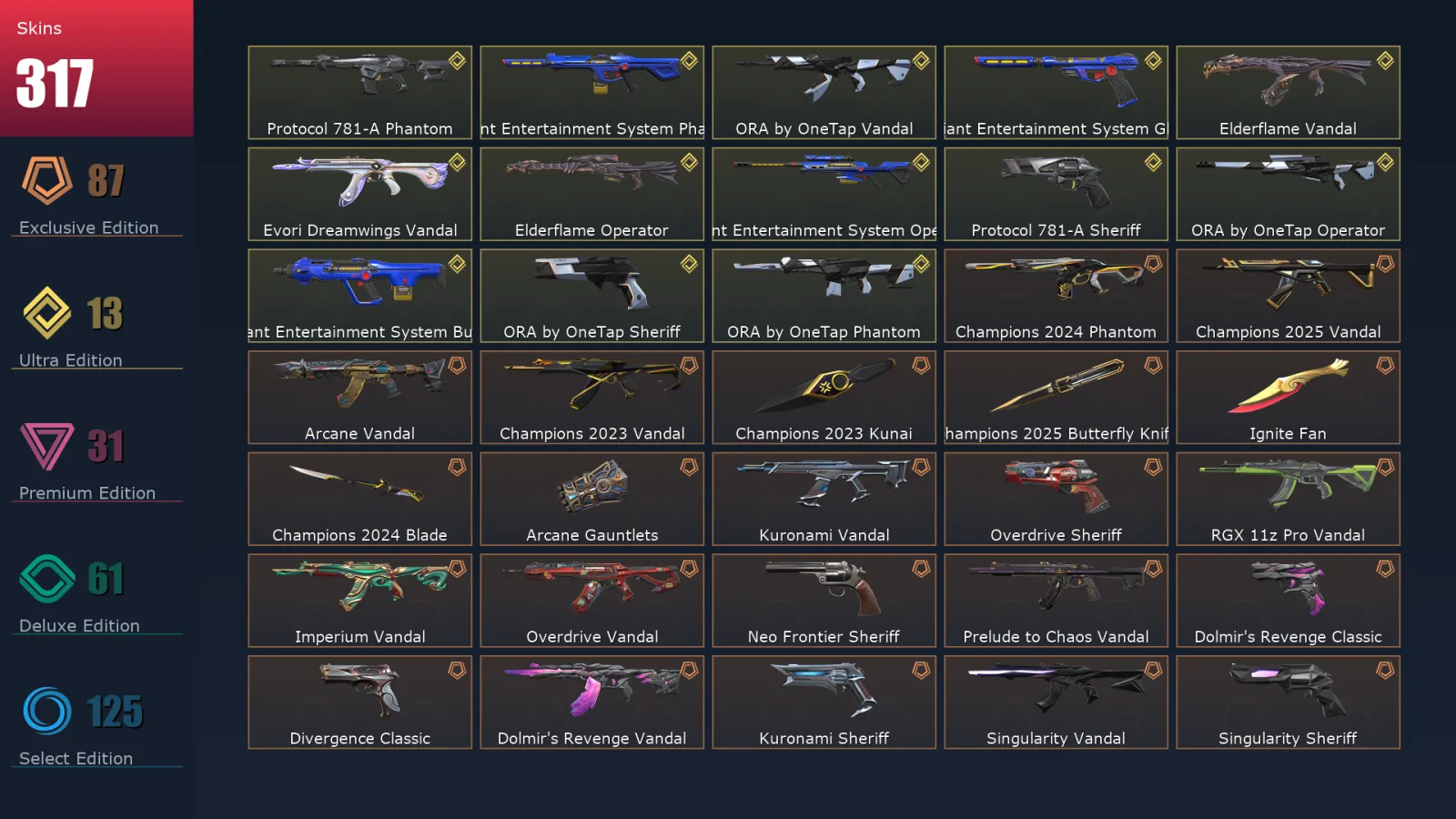 [Valorant] | EU | Level 246 | Gold 1 | 29 Agents | 317 Skins