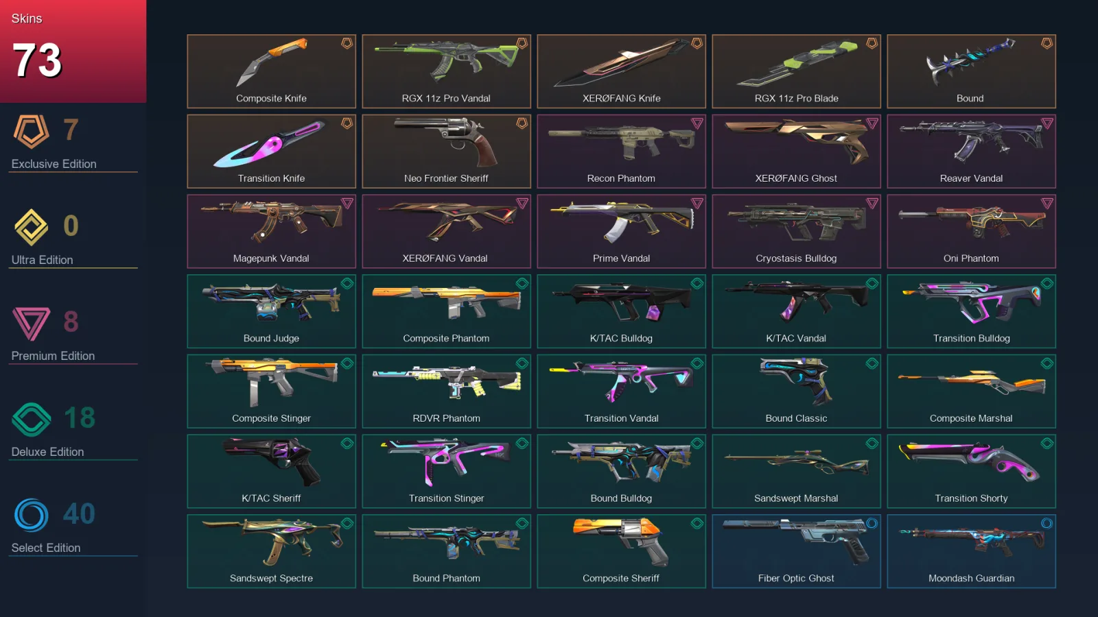 EU | Lv144 | Unranked | 73 Skin | 18 Agent | 86 Buddy