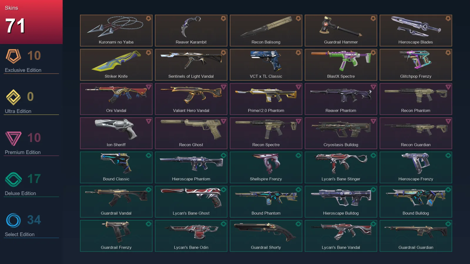 AP | Lv125 | Unranked | 71 Skin | 28 Agent | 82 Buddy — Guardrail Hammer