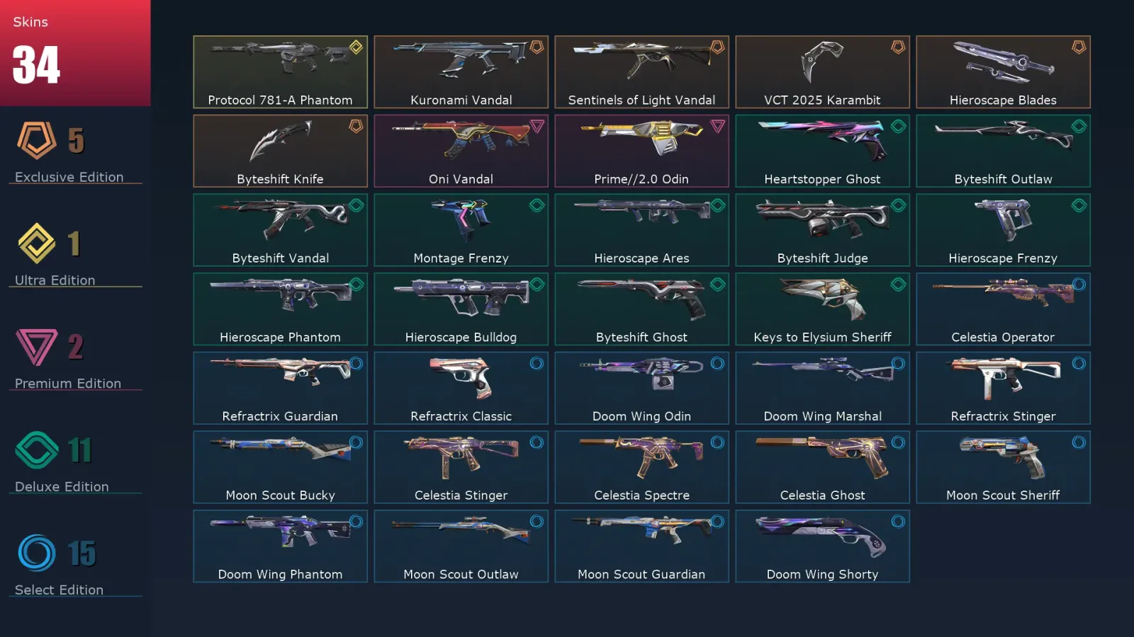 [Valorant] | EU | Level 107 | 24 Agents | 34 Skins