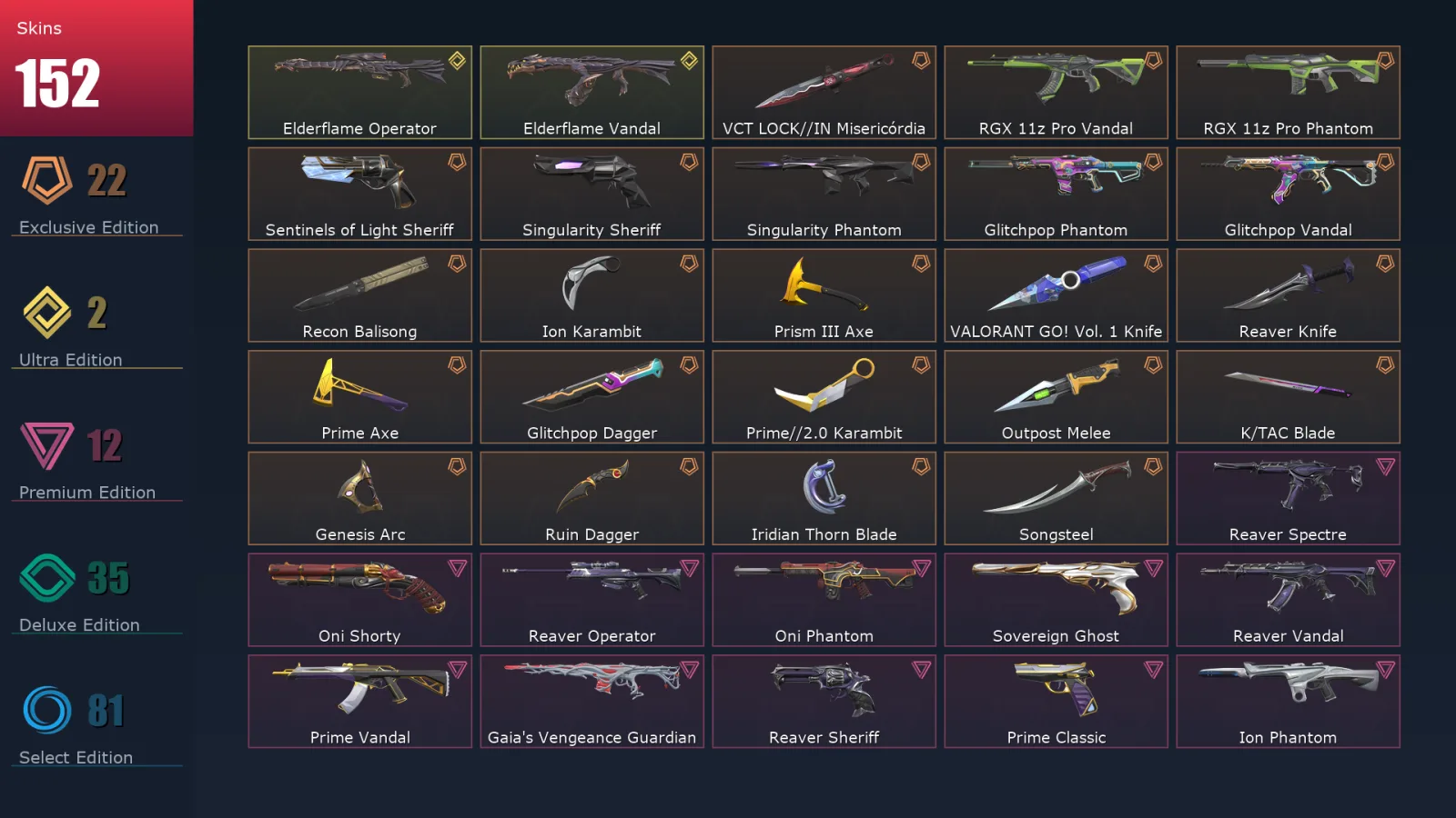 [Valorant] | EU | Level 290 | 24 Agents | 152 Skins