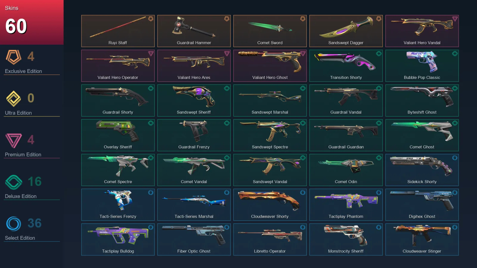 AP | Lv264 | Unranked | 60 Skin | 28 Agent | 94 Buddy