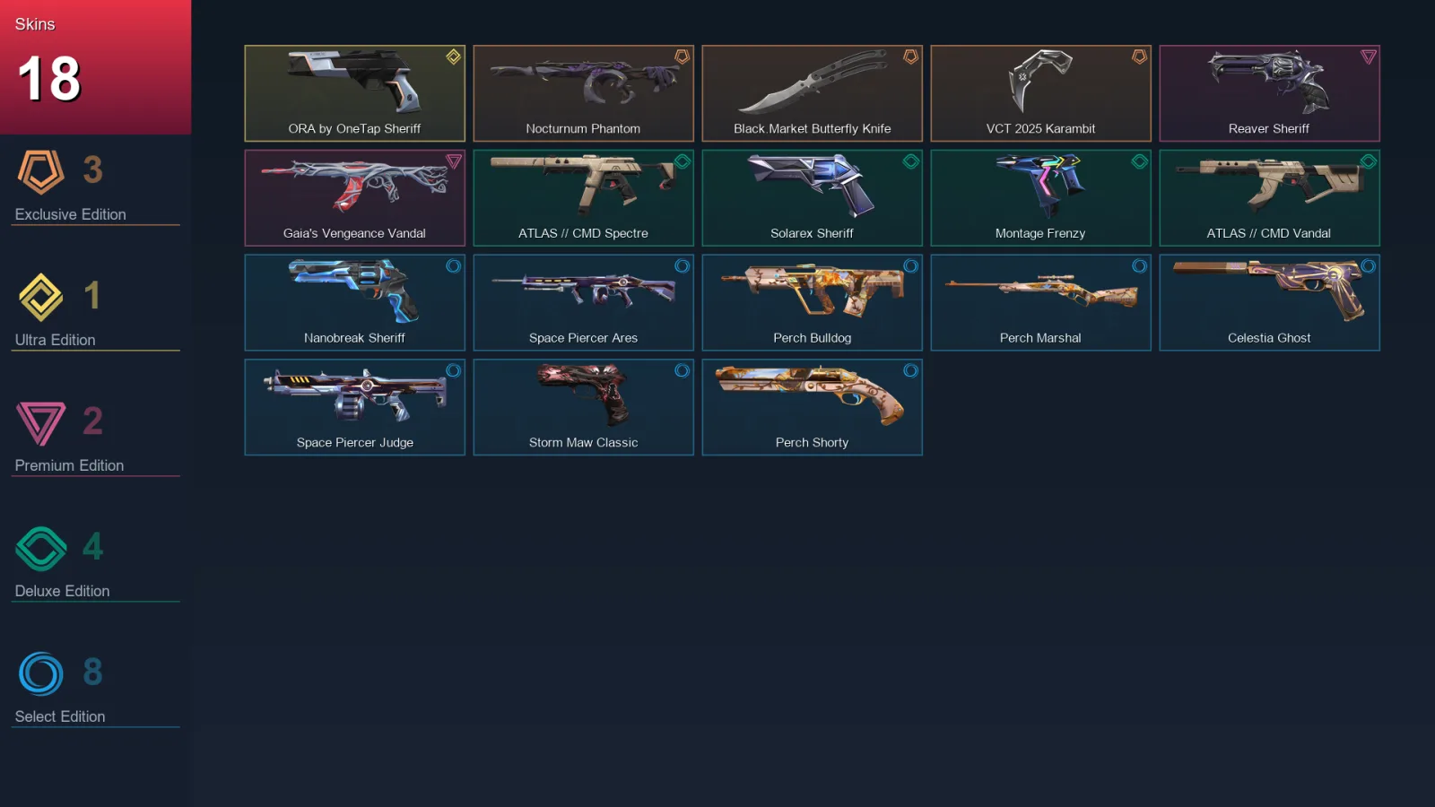 BR | Nocturnum Phantom | Black.Market Butterfly Knife | VCT 2025 Karambit | ORA by OneTap Sheriff | 18 Skin | 29 Agent | 39 Buddy | Lv101