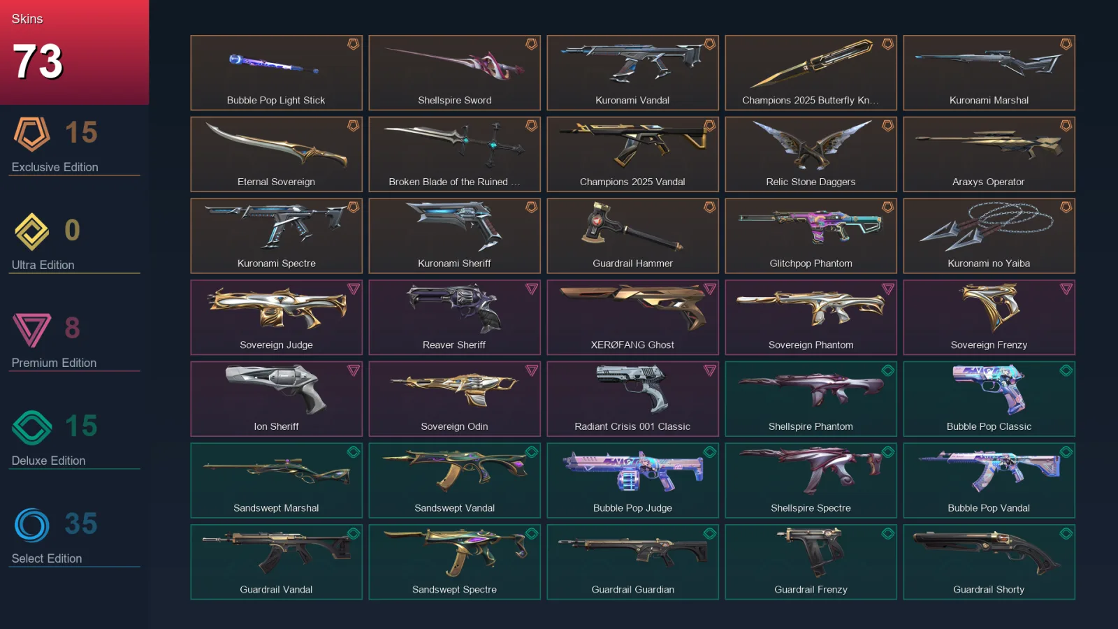 AP | Lv109 | Unranked | 73 Skin | 24 Agent | 67 Buddy — Sovereign Frenzy