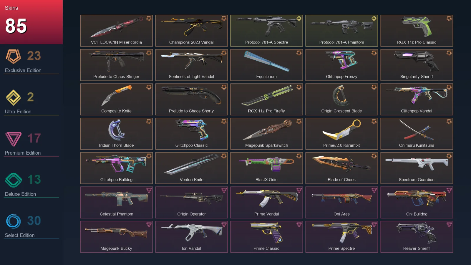AP | VCT LOCK//IN Misericórdia | Champions 2023 Vandal | RGX 11z Pro Classic | Prelude to Chaos Stinger | 85 Skin | 26 Agent | 75 Buddy | Lv116