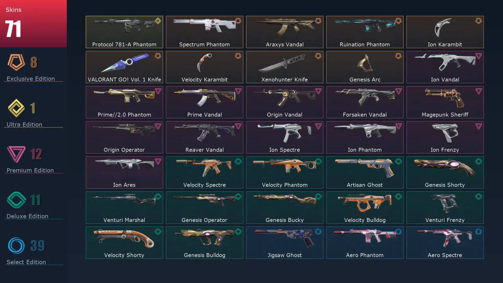 [Valorant] | EU | Level 223 | Platinum 3 | 25 Agents | 71 Skins