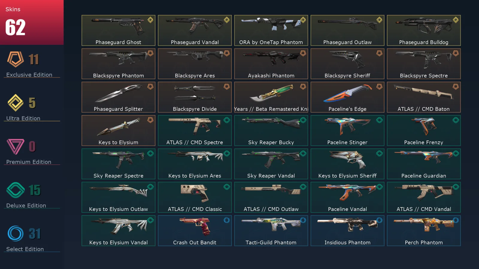[Valorant] | EU | Level 60 | Silver 2 | 22 Agents | 62 Skins