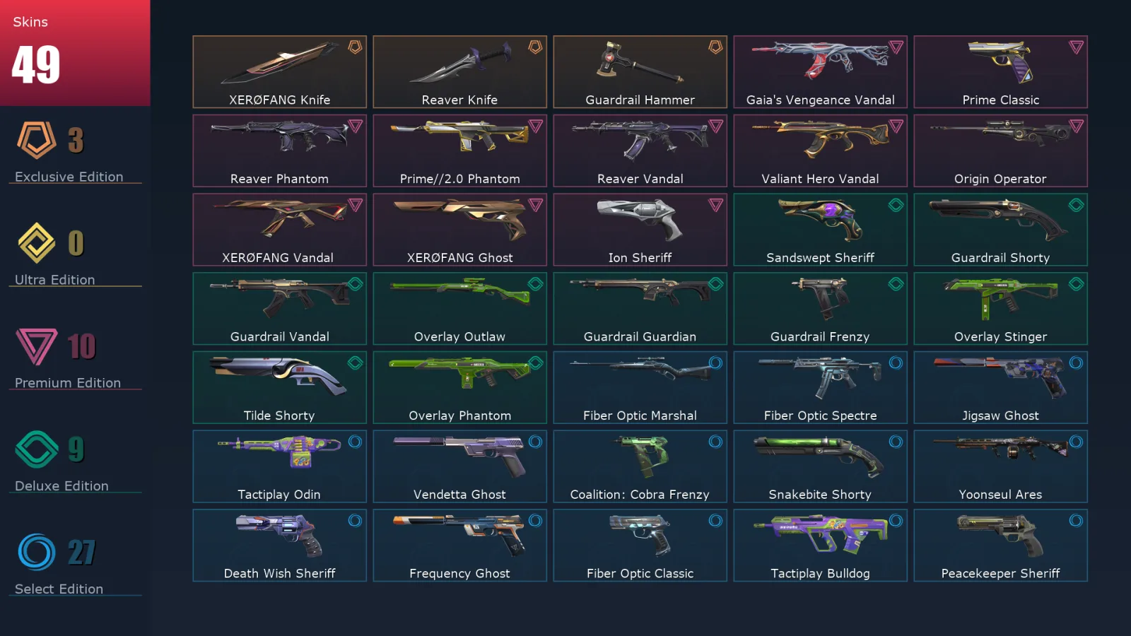 [Valorant] | EU | Level 201 | 27 Agents | 49 Skins