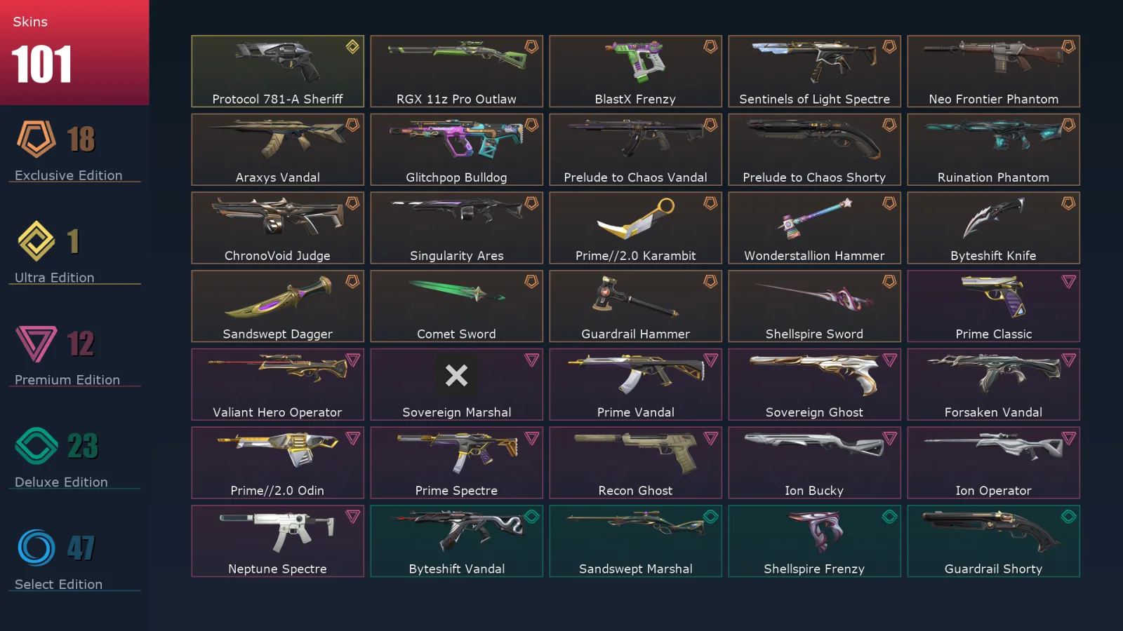 [Valorant] | EU | Level 153 | 29 Agents | 101 Skins