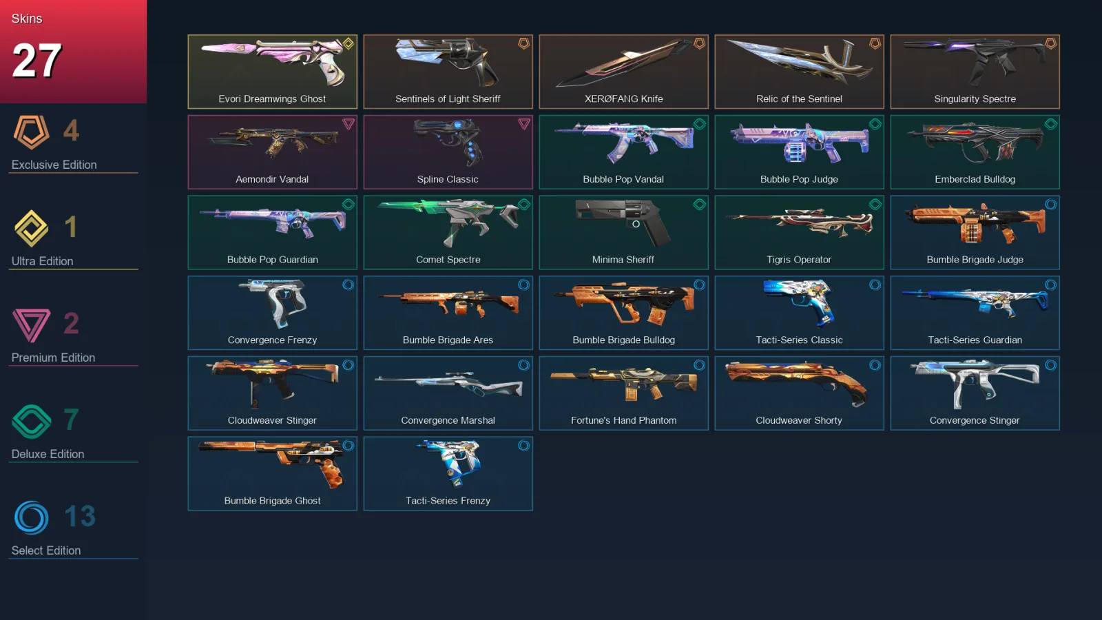 NA | Lv27 | Unranked | 27 Skin | 7 Agent | 15 Buddy