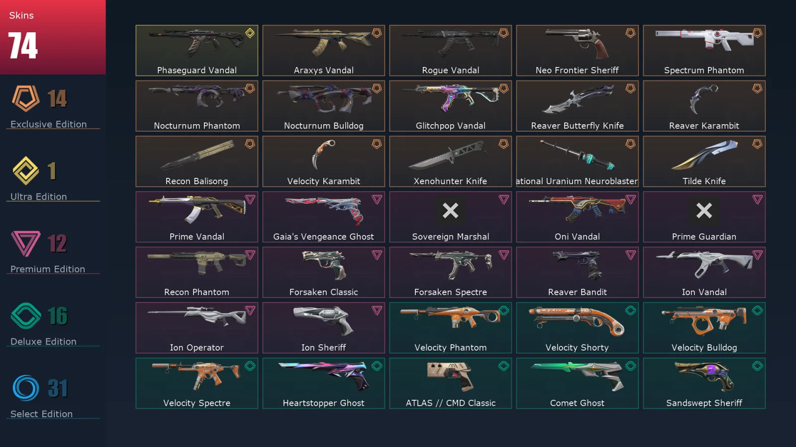 [Valorant] | EU | Level 411 | Diamond 2 | 29 Agents | 74 Skins