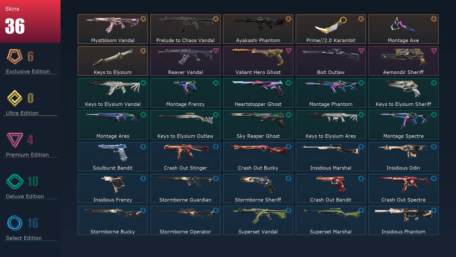 [Valorant] | EU | Level 123 | Diamond 1 | 29 Agents | 36 Skins