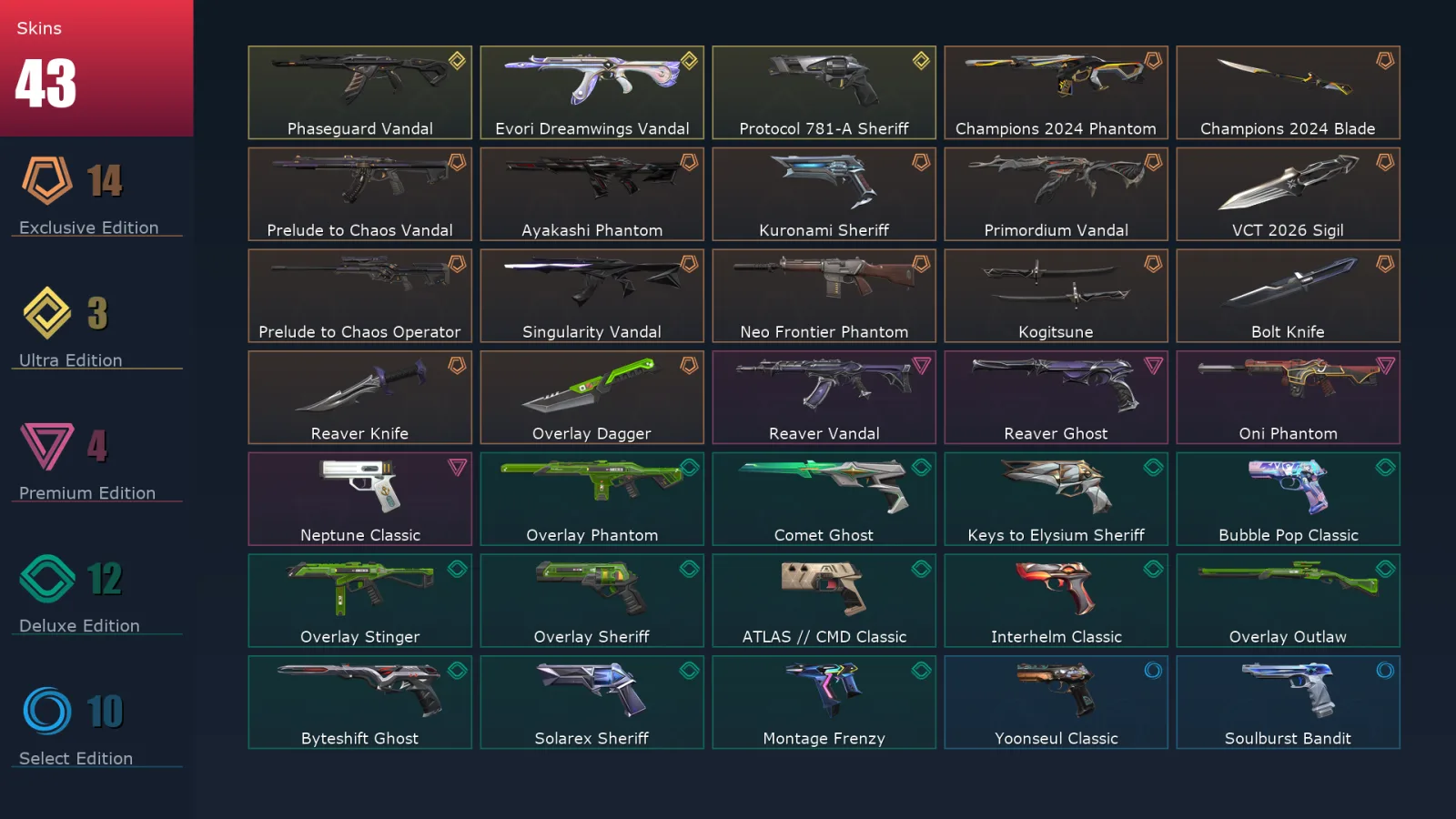 [Valorant] | EU | Level 233 | Platinum 2 | 29 Agents | 43 Skins