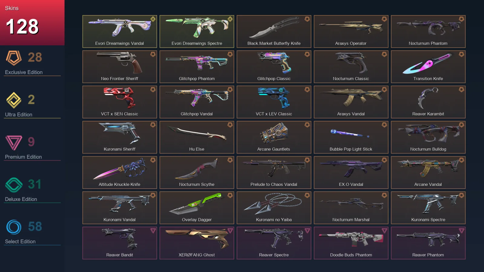 NA | Black.Market Butterfly Knife | Araxys Operator | Nocturnum Phantom | Neo Frontier Sheriff | 128 Skin | 28 Agent | 132 Buddy | Lv188