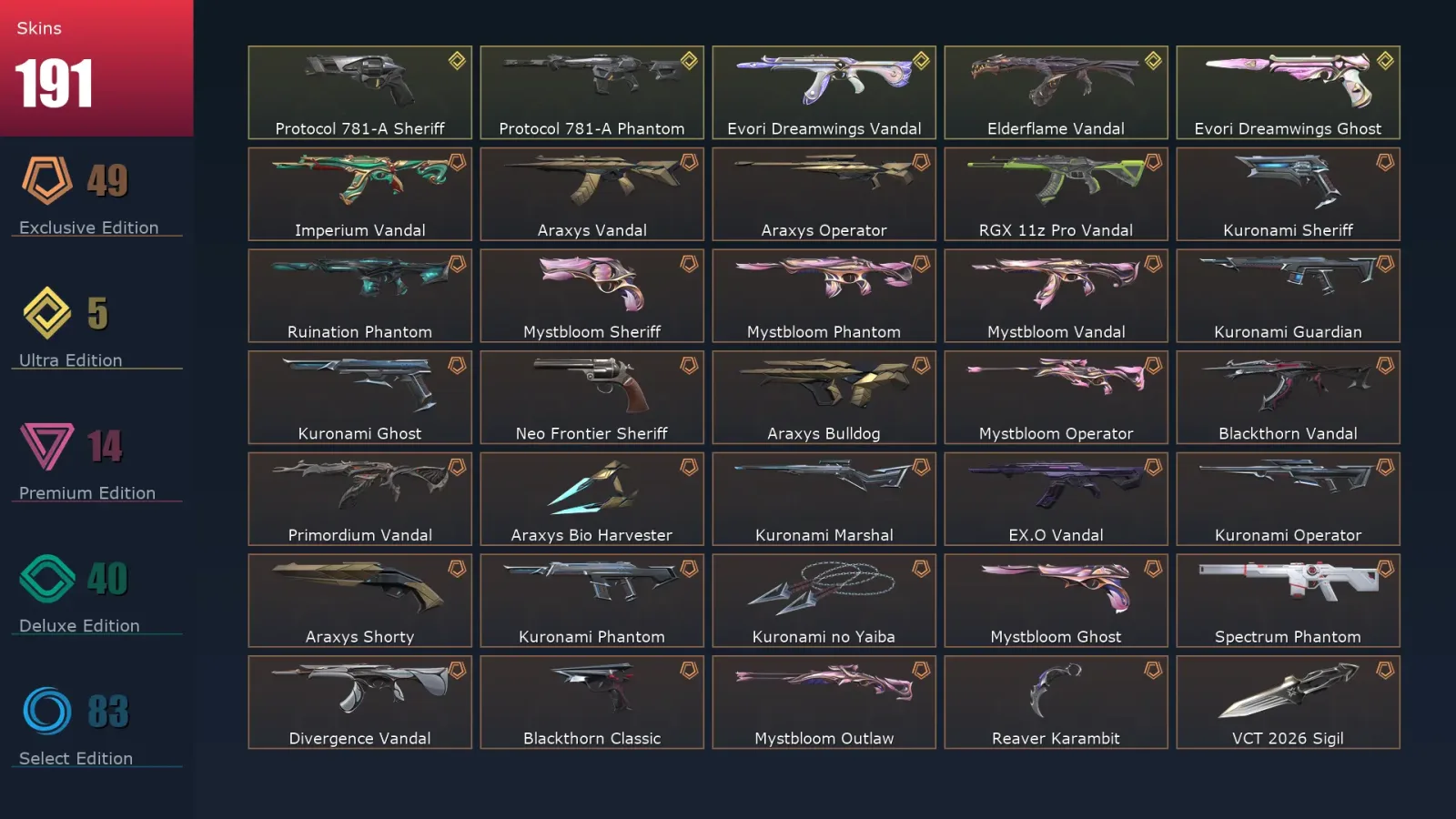 [Valorant] | EU | Level 500 | Gold 2 | 29 Agents | 191 Skins