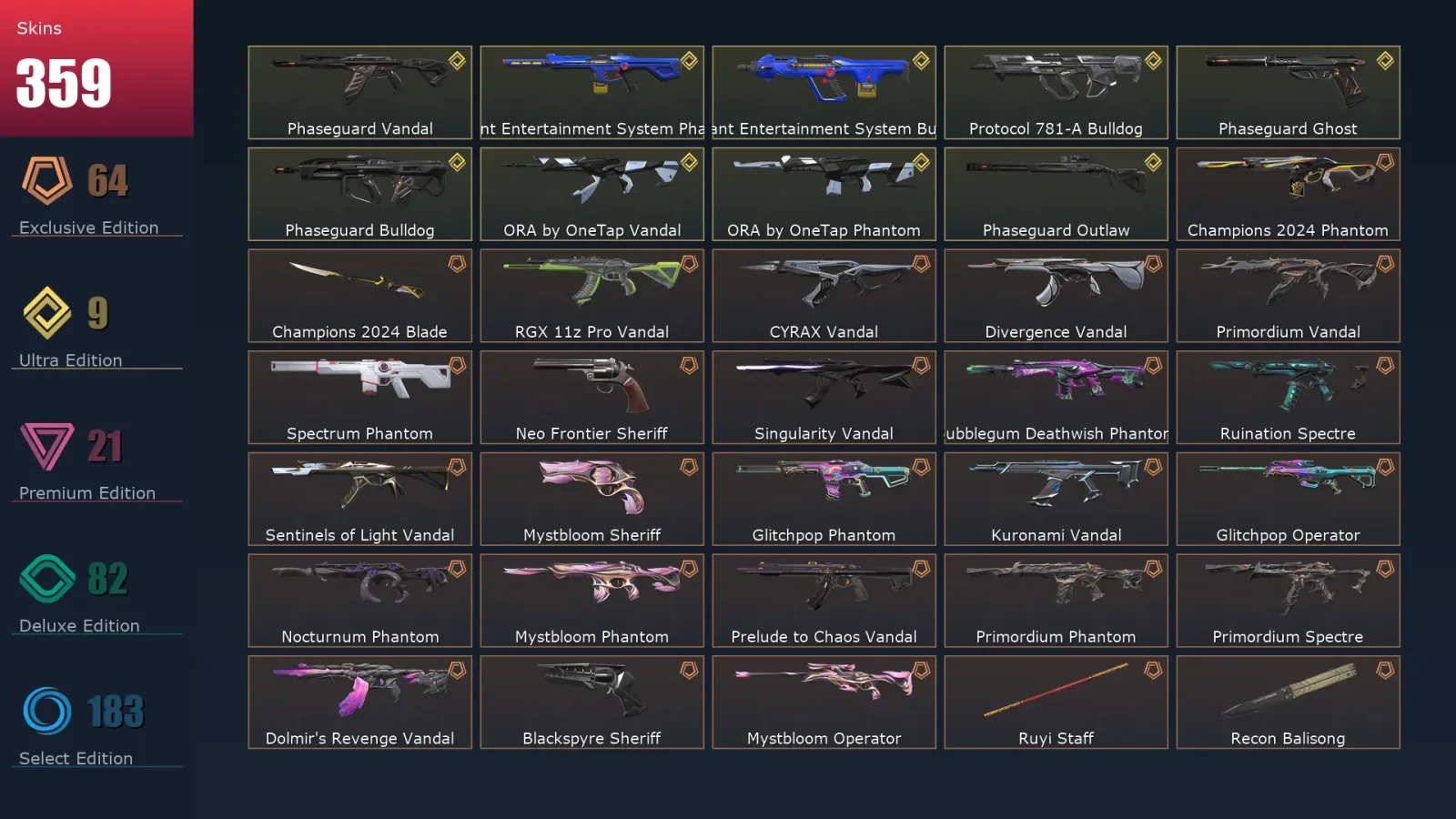 [Valorant] | EU | Level 500 | Gold 3 | 29 Agents | 359 Skins