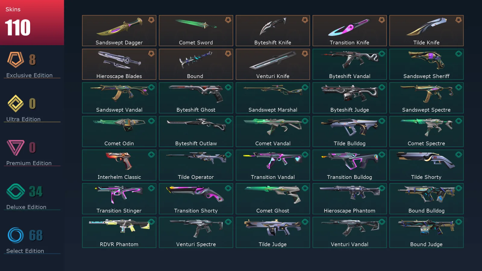 [Valorant] | EU | Level 224 | 29 Agents | 110 Skins