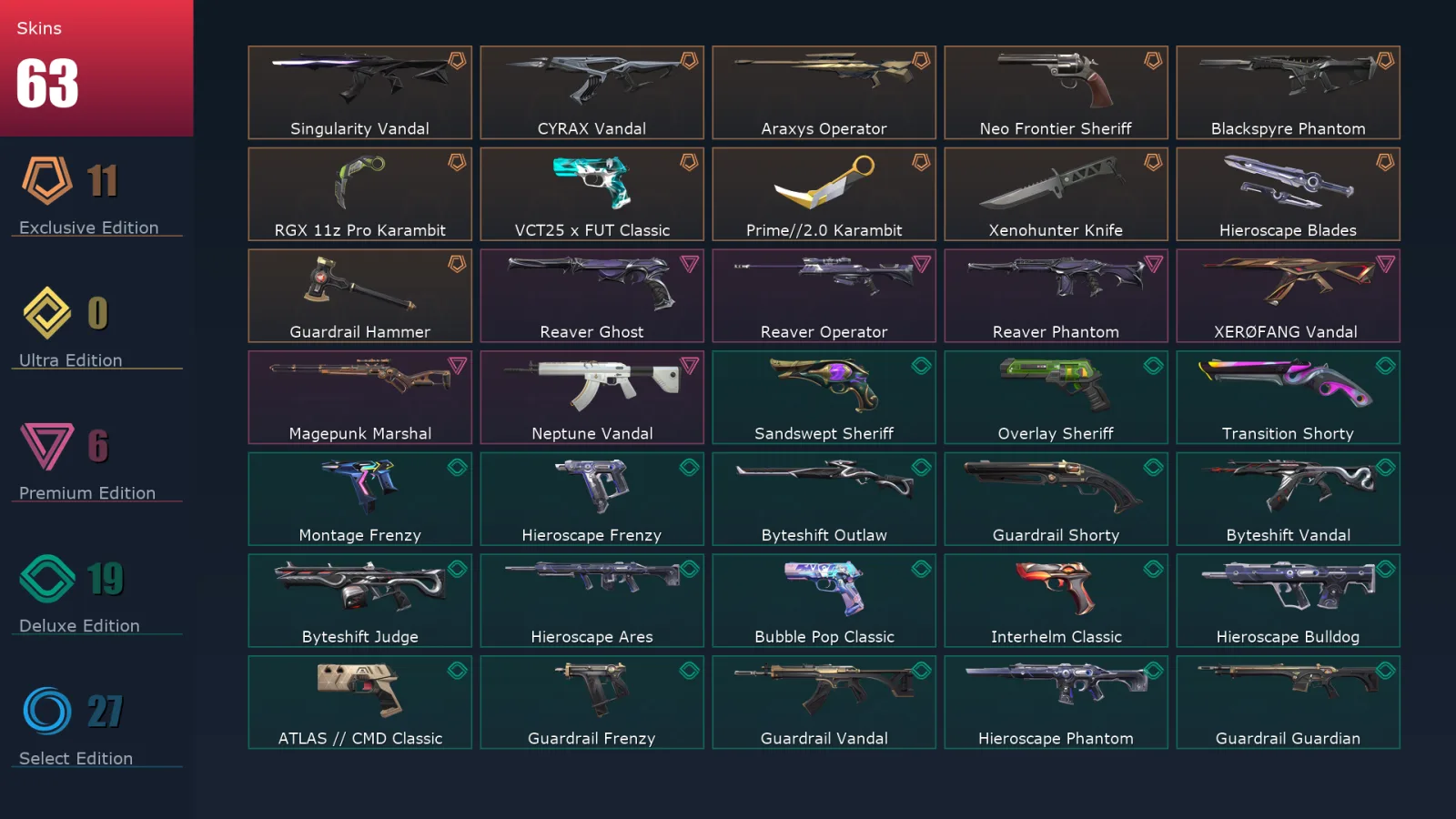 [Valorant] | EU | Level 279 | 29 Agents | 63 Skins