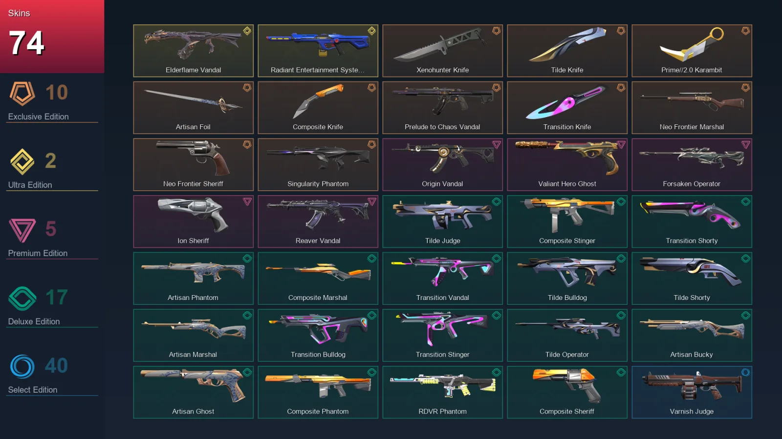 EU | Lv218 | Unranked | 74 Skin | 28 Agent | 121 Buddy — Valorant account
