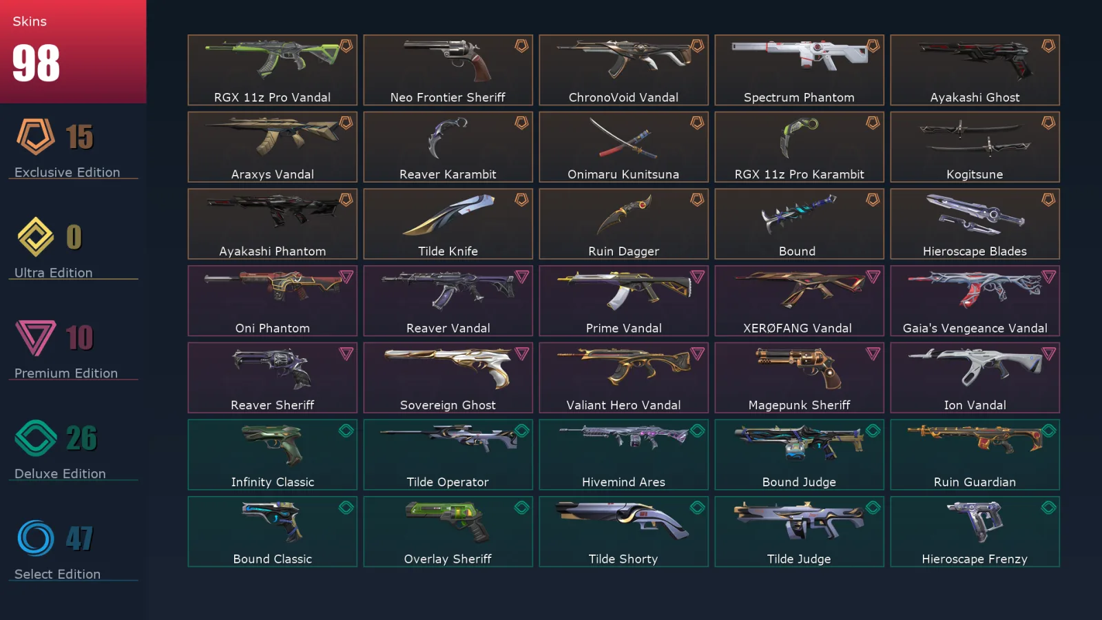 [Valorant] | EU | Level 324 | 28 Agents | 98 Skins